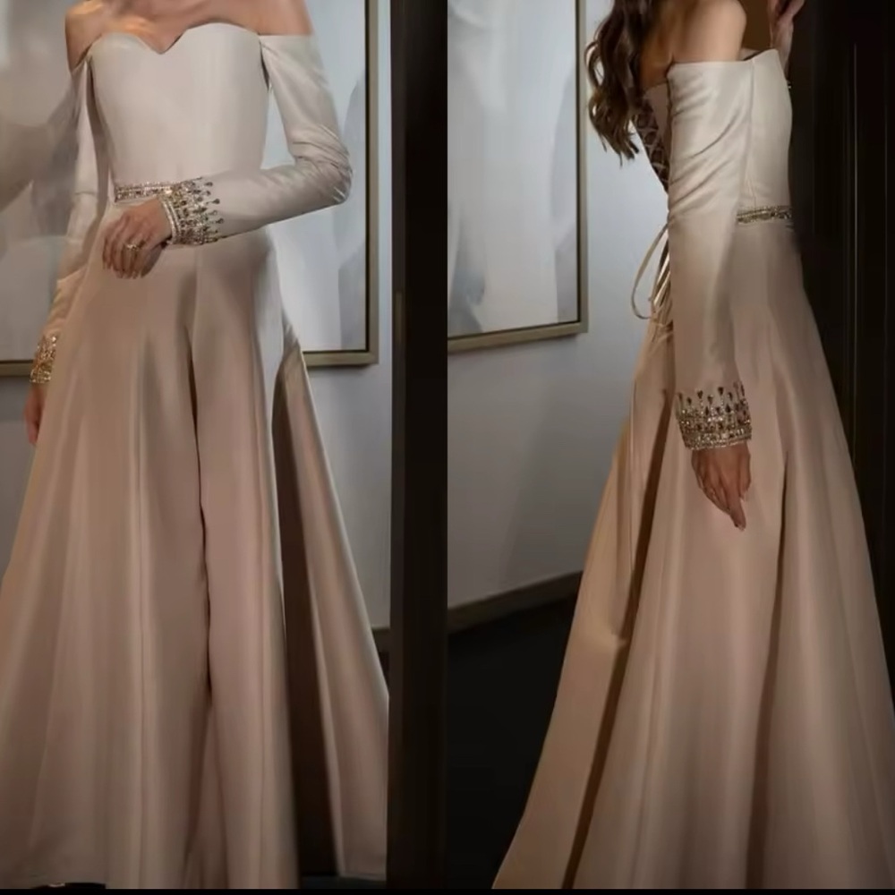 Cream Bishop Sleeve Off-Shoulder Gown